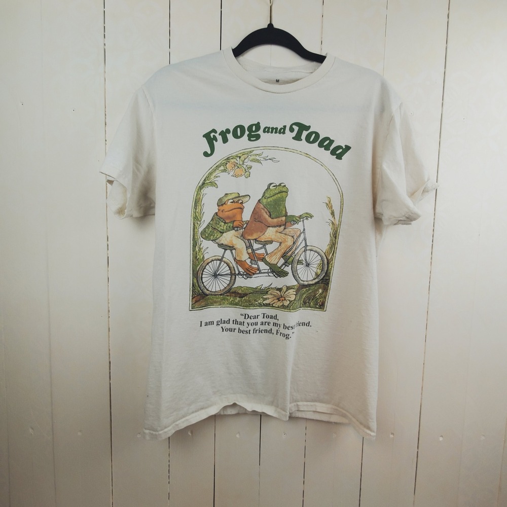 Frog and Toad Tandem Bicycle Graphic T-Shirt Cream Mens Medium Arnold Lobel